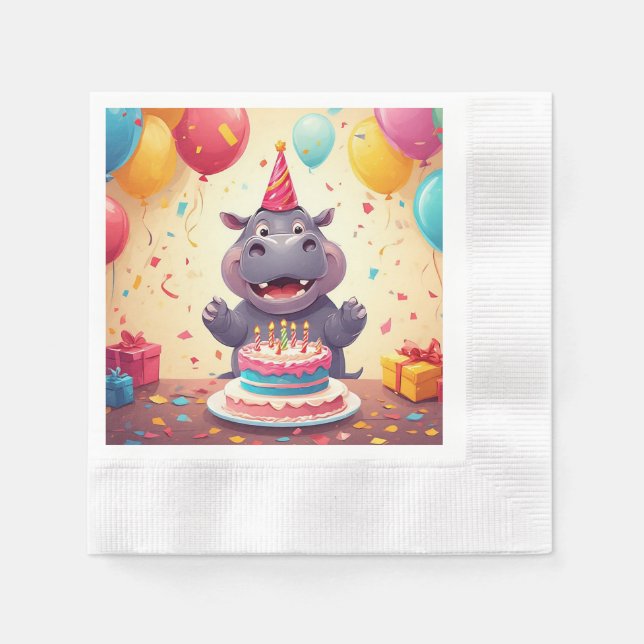 Adorable Hippo Celebrating Birthday with Cake Napkins (Front)
