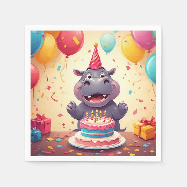 Adorable Hippo Celebrating Birthday with Cake Napkins (Front)