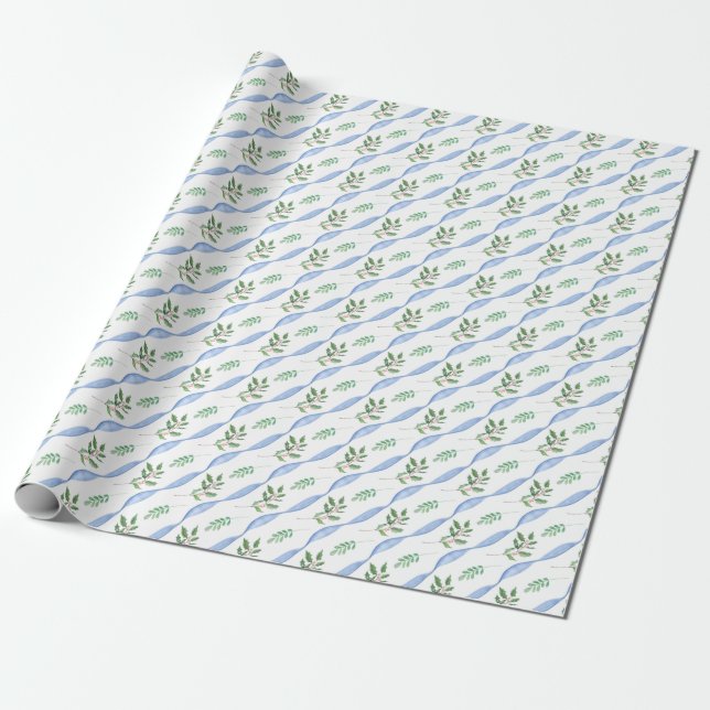 Adorable Holiday Christmas Blue Ribbon Holly Gift Wrapping Paper (Unrolled)