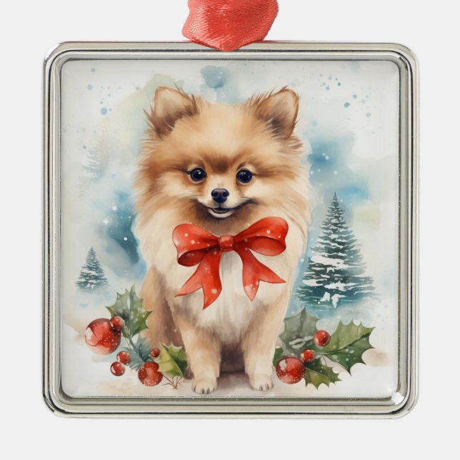 ADORABLE HOLIDAY CHRISTMAS POMERANIAN PUPPY METAL ORNAMENT (Front)