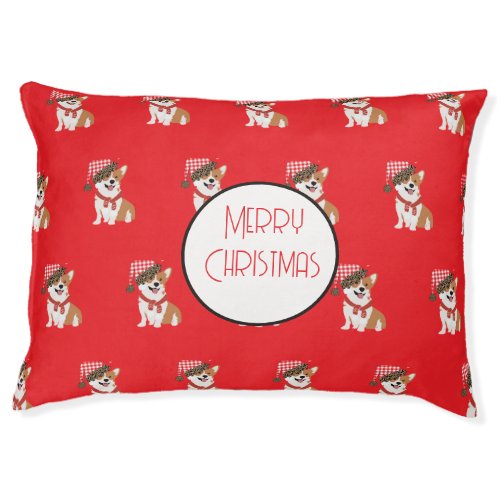 Adorable Holiday Puppy Wearing Christmas Santa Hat Pet Bed
