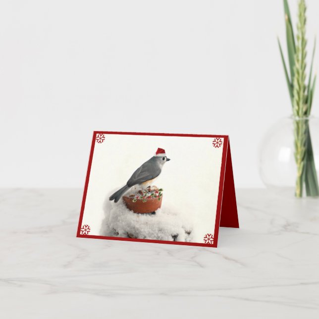 Adorable Holiday Tufted Titmouse Card (Front)