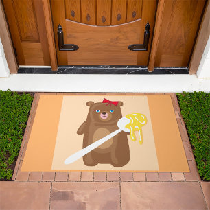Adorable Honey Bear with Spoon And Red Bow Doormat