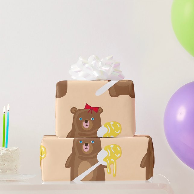 Adorable Honey Bear with Spoon And Red Bow  Wrapping Paper (Creator Uploaded)