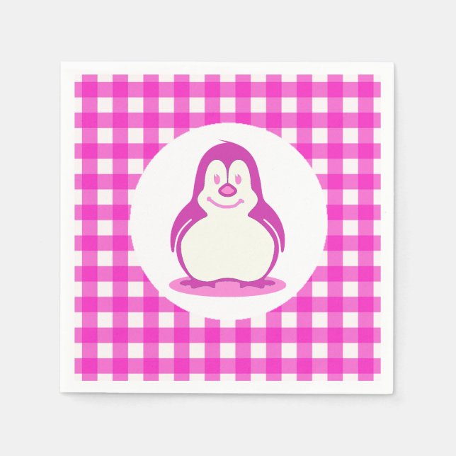 Adorable Hot Pink Gingham and Smiling Pink Penguin Paper Napkins (Front)