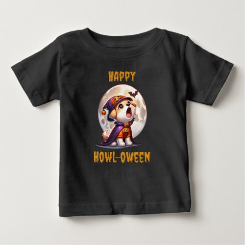 Adorable Howling Halloween Pup Under the Moon Baby T_Shirt