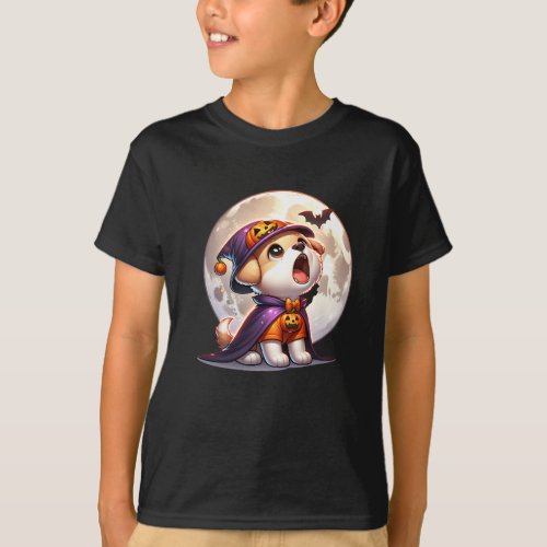 Adorable Howling Halloween Pup Under the Moon T_Shirt