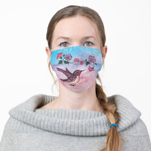 Adorable Hummingbird and Flowers Adult Cloth Face Mask (Worn)