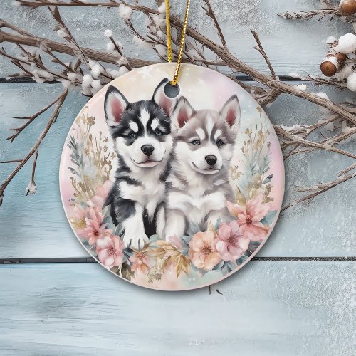 Adorable Husky Puppies Pink Floral Christmas Ceramic Ornament