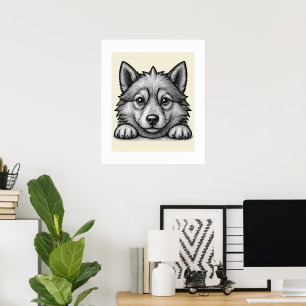 Adorable Husky Puppy Wood Engraving Style Poster