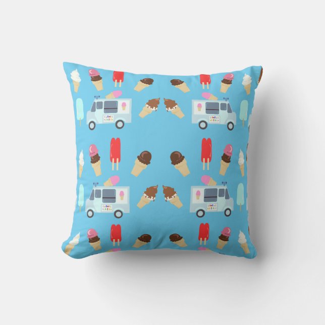 Adorable Ice Cream Truck Illustrated Pattern Throw Pillow (Front)