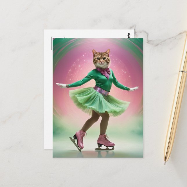 Adorable Ice Skating Cat in Green and Pink Postcard (Front/Back In Situ)