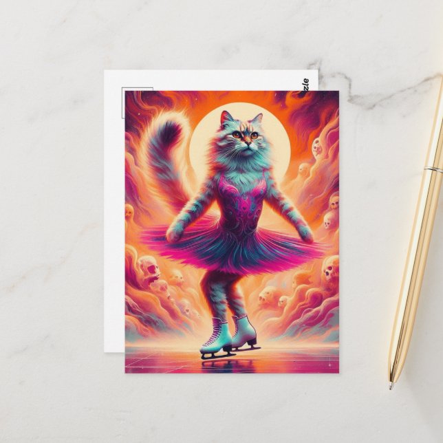 Adorable Ice Skating Cat in Pink Postcard (Front/Back In Situ)