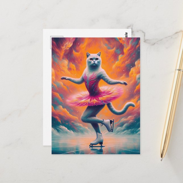 Adorable Ice Skating Cat Postcard (Front/Back In Situ)