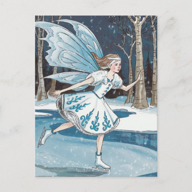 Adorable Ice Skating Fairy Blue White Winter  Postcard (Front)