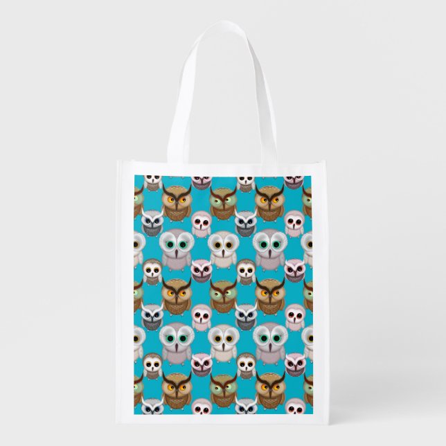 Adorable Illustrated Owls Pattern Reusable Grocery Bag (Front)