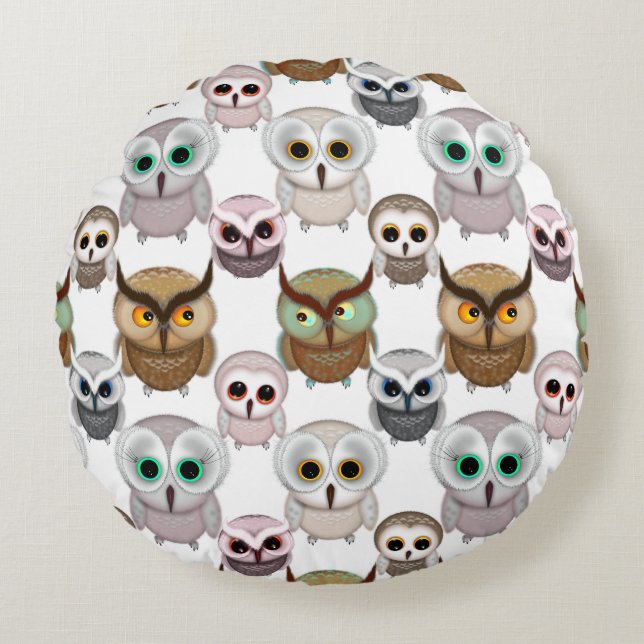 Adorable Illustrated Owls Pattern Round Pillow (Front)