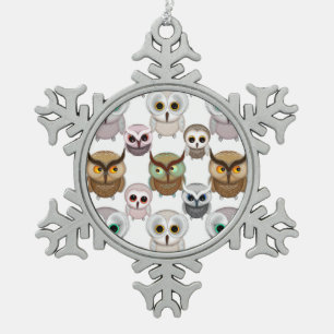 Adorable Illustrated Owls Pattern Snowflake Pewter Christmas Ornament