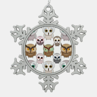 Adorable Illustrated Owls Pattern Snowflake Pewter Christmas Ornament