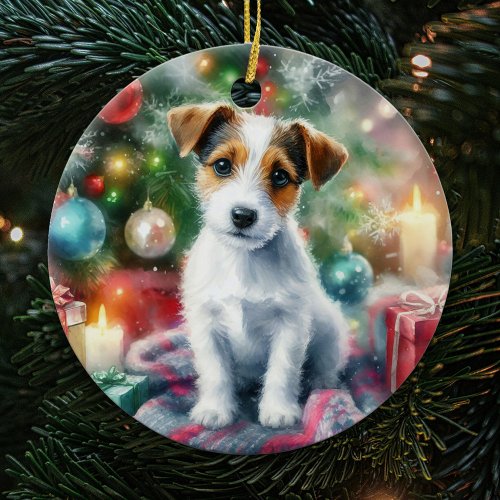 Adorable Jack Russell Terrier Watercolor Christmas Ceramic Ornament