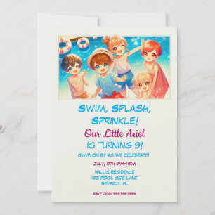 Adorable Japanese Anime Kids Pool Birthday Party  Invitation