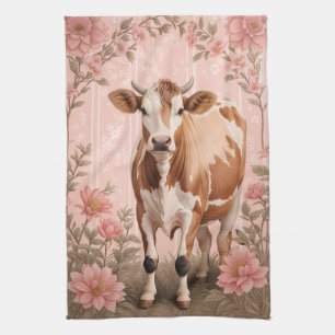 Adorable Jersey Cow Pink Floral Kitchen Towel