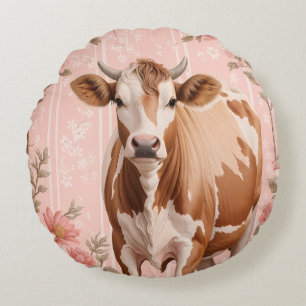 Adorable Jersey Cow Pink Floral Round Pillow
