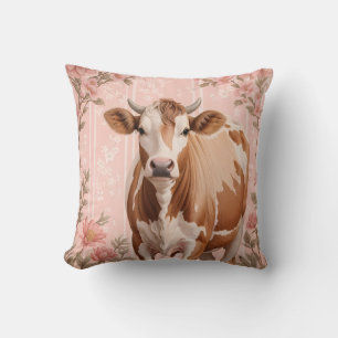 Adorable Jersey Cow Pink Floral Throw Pillow