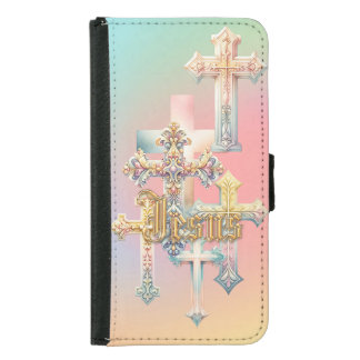 Adorable Jesus Gold Rainbow Ornate Pastel Crosses Samsung Galaxy S5 Wallet Case