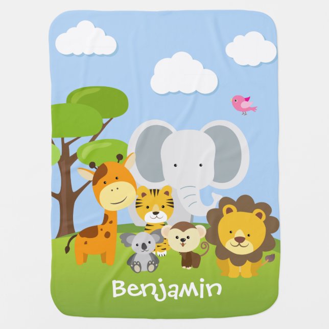 Adorable Jungle Animal Friends Baby Blanket (Front)