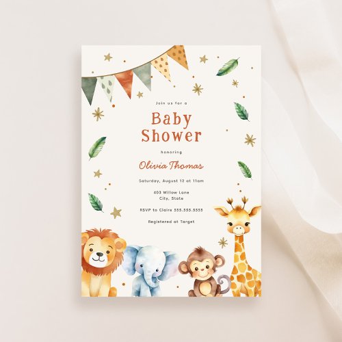 Adorable Jungle Animals Baby Shower Invitation 