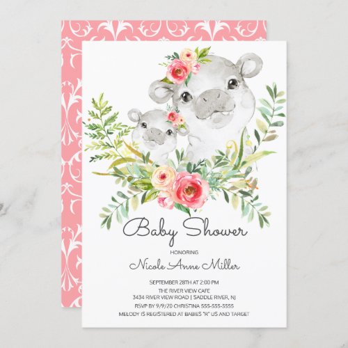 Adorable Jungle Hippo Baby Shower Invitation