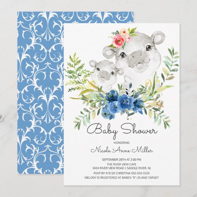Adorable Jungle Hippo Baby Shower Invitation (Front/Back)
