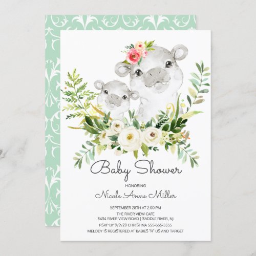 Adorable Jungle Hippo Baby Shower Invitation