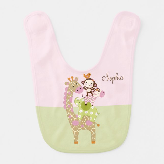 Adorable Jungle Jill Girl Animal Stack Baby Bib (Front)