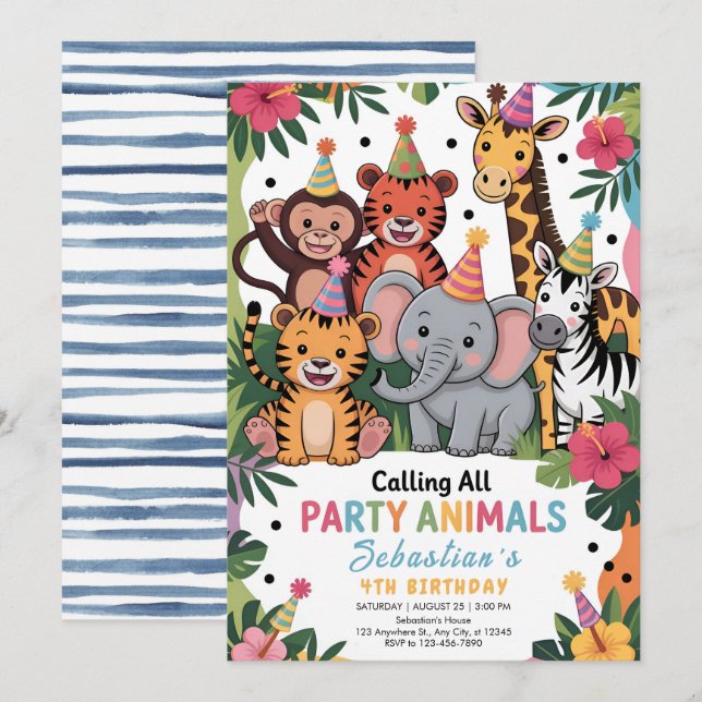 Adorable Jungle Party Animals Birthday Invitation (Front/Back)