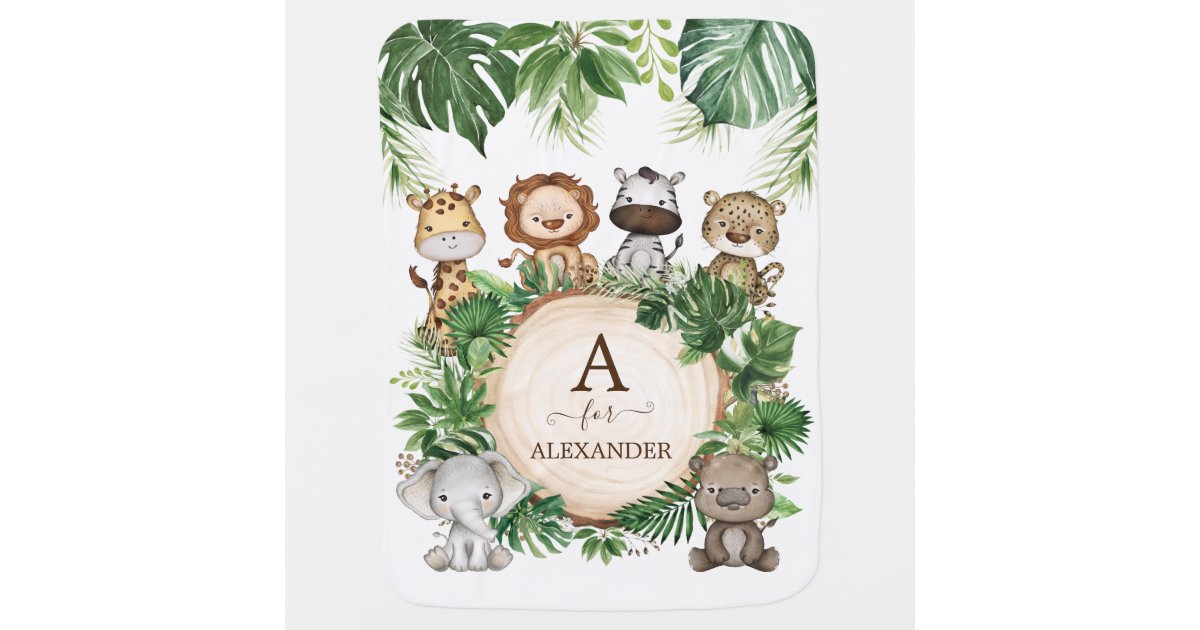Adorable Jungle Safari Animals Greenery Monogram Baby Blanket | Zazzle