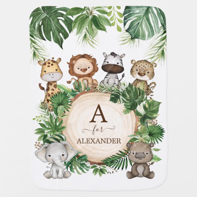 Adorable Jungle Safari Animals Greenery Monogram Baby Blanket (Front)