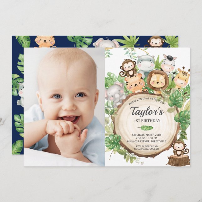 Adorable Jungle Safari Greenery 1st Birthday Photo Invitation (Front/Back)