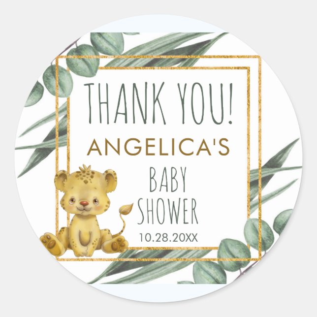 Adorable Jungle Safari Lion Baby Shower Thank You Classic Round Sticker (Front)