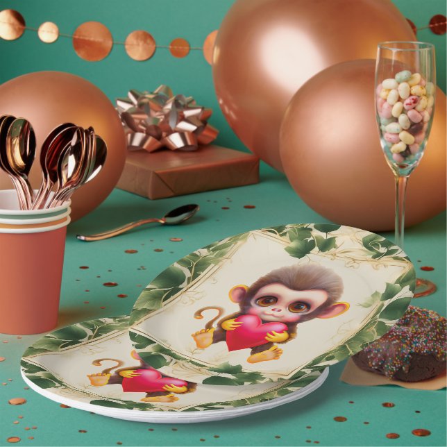 Adorable Jungle Valentine Monkey Paper Plates (Multi)