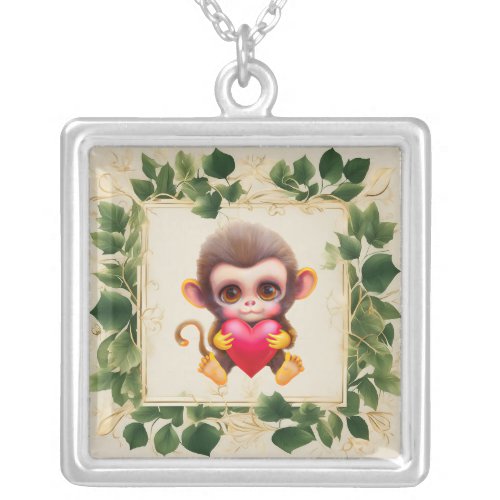 Adorable Jungle Valentine Monkey Silver Plated Necklace