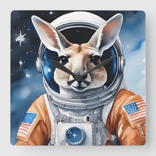 Adorable Kangaroo in Astronaut Suit in Outer Space Square Wall Clock