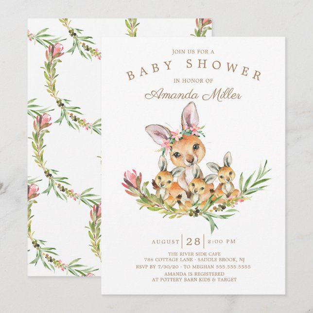 Adorable Kangaroo Mom & Babies Triplet Baby Shower Invitation (Front/Back)
