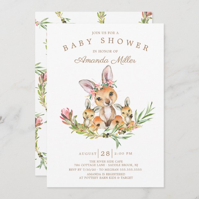 Adorable Kangaroo Mom & Babies Twins Baby Shower Invitation (Front/Back)