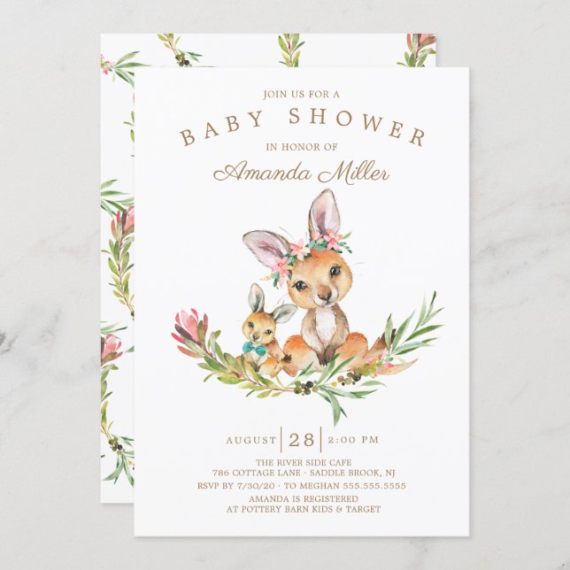 Adorable Kangaroo Mom & Baby Boys Baby Shower Invitation (Front/Back)