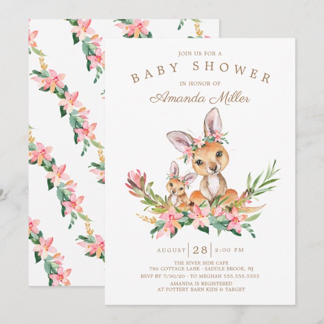 Adorable Kangaroo Mom & Baby Girls Baby Shower Invitation (Front/Back)