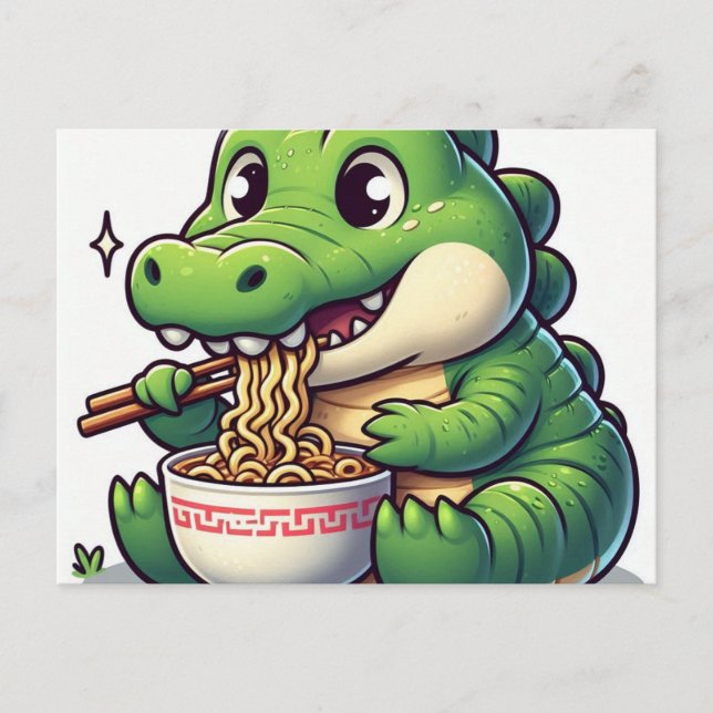 Adorable Kawaii Alligator Eating Ramen Postcard (Front)