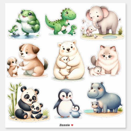 Adorable Kawaii Animals Baby and Mother Stickers