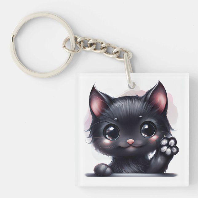 Adorable Kawaii Black Cat Keychain (Front)